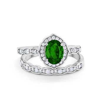 Two Piece Vintage Style Simulated Green Emerald CZ Wedding Ring 925 Sterling Silver